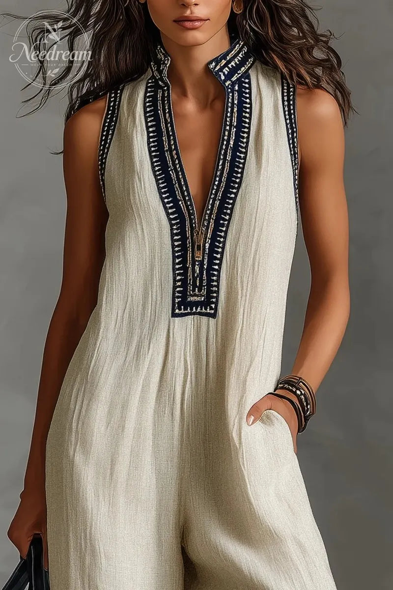 Women’s Linen Blend Sleeveless V-Neck Wide Leg Jumpsuit – Casual Summer Boho Romper with Pockets